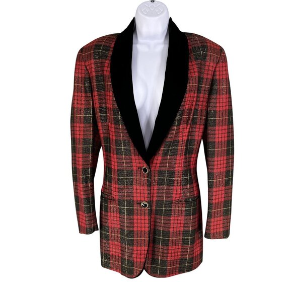 Anne Klein II Womens L Red Black Plaid 95% Wool Long Blazer Velvet Shawl Collar - Picture 1 of 15